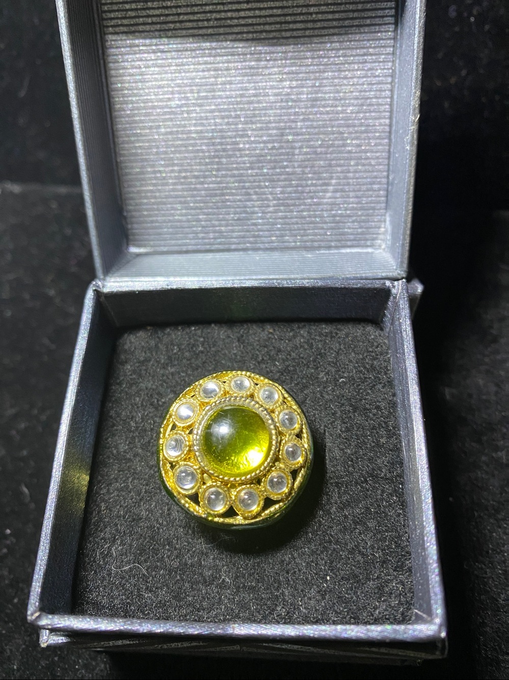 Vintage GoldTone Green Cabochon Round Ring Clear Accent Stone Feminine Victorian
